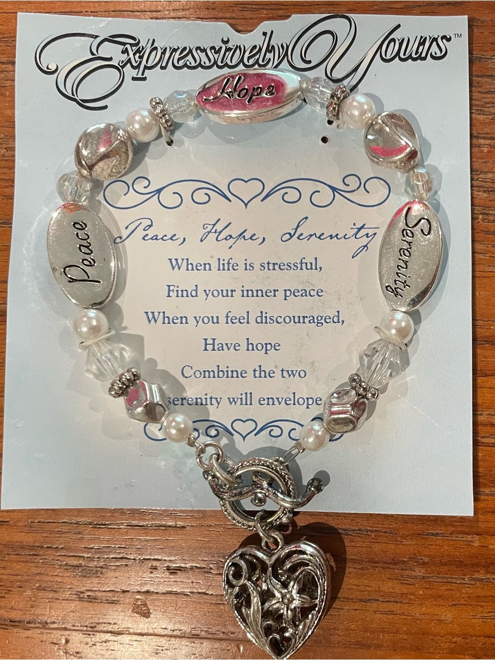 Silver tone and White Pearl style “Peace” “Hope” “Serenity” Bracelet. NWOT